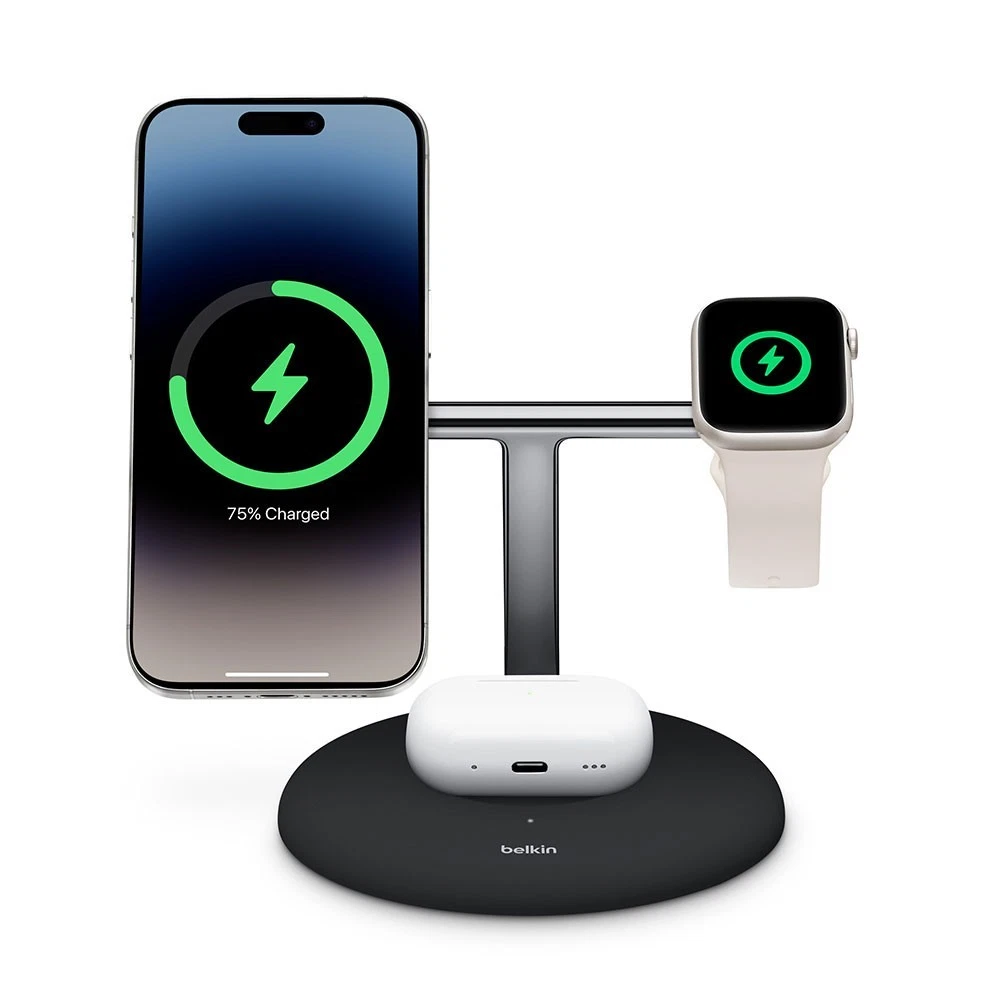 Belkin BoostCharge Pro 3-in-1 MagSafe Wireless Charger Stand - Power All Your Apple Devices - Black Used
