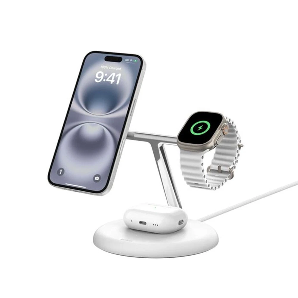 Belkin BoostCharge Pro 3-in-1 MagSafe Wireless Charger Stand - Power All Your Apple Devices - White Open Box