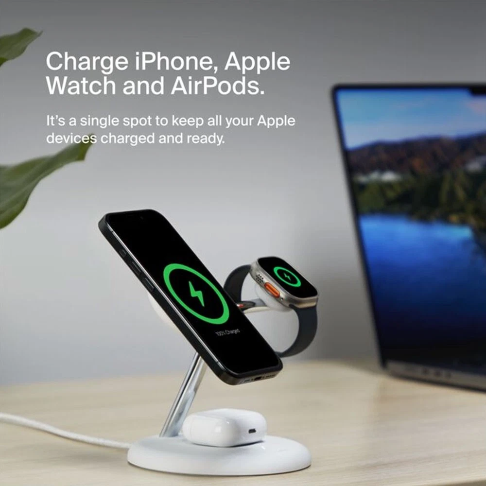 Belkin BoostCharge Pro 3-in-1 MagSafe Wireless Charger Stand - Power All Your Apple Devices - White Open Box