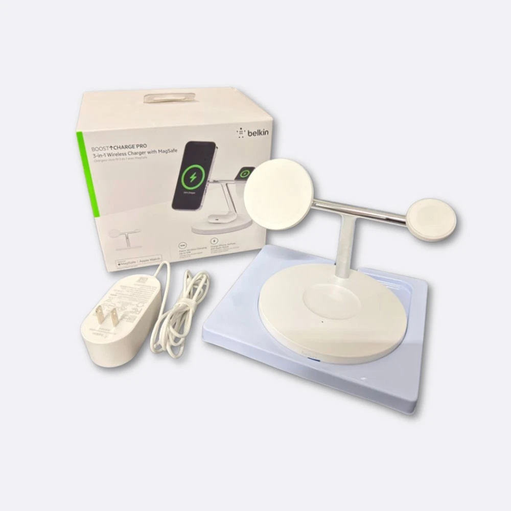 Belkin BoostCharge Pro 3-in-1 MagSafe Wireless Charger Stand - Power All Your Apple Devices - White Open Box